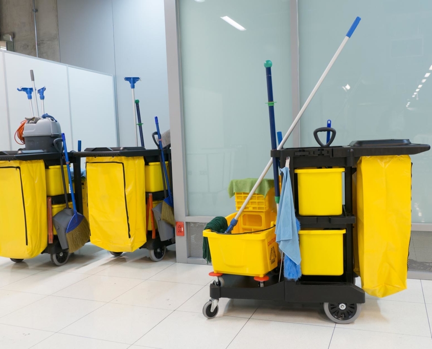 View of three yellow commercial cleaning cart